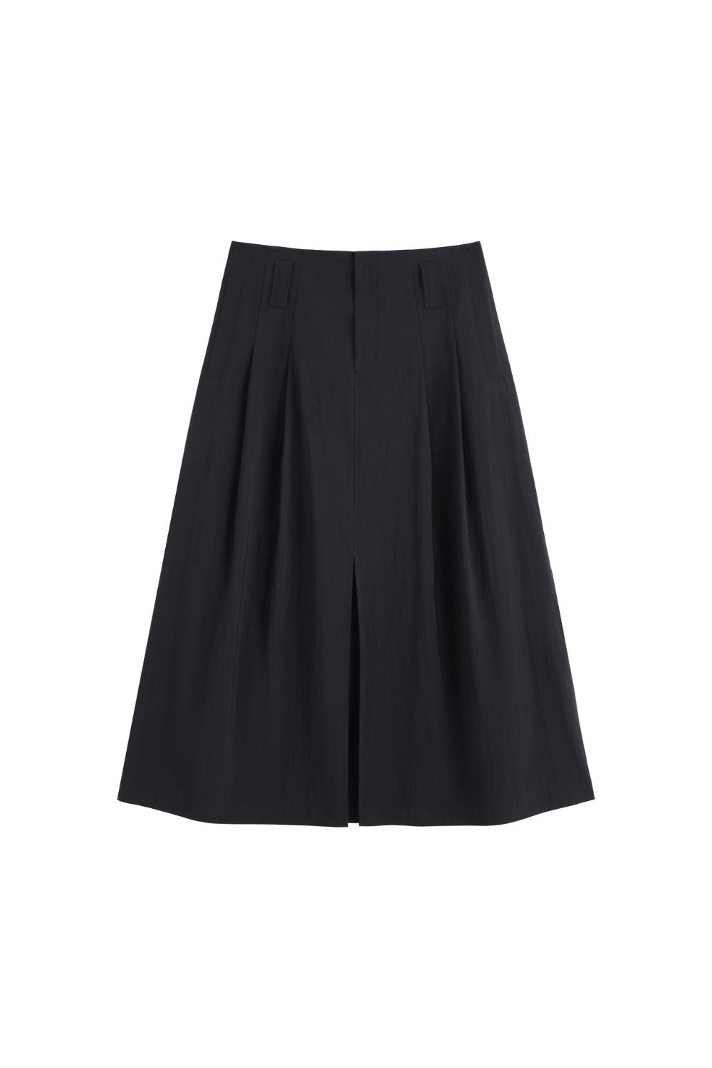 Flat lay of black A-line midi skirt