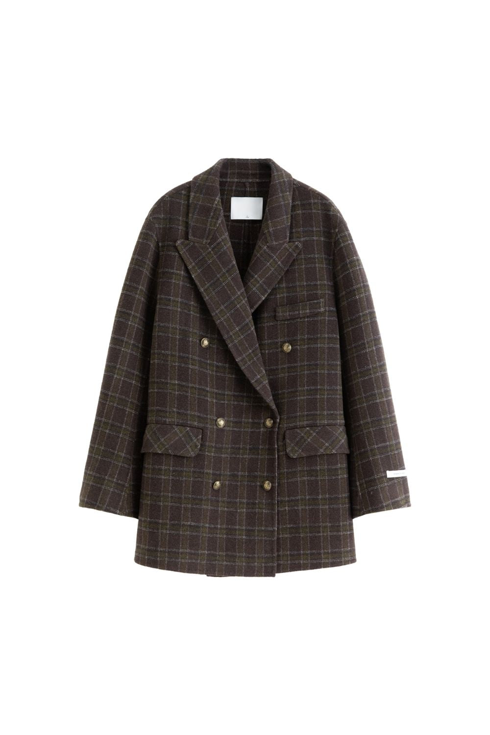 Flat lay of brown plaid double-breasted coat with lapel collar