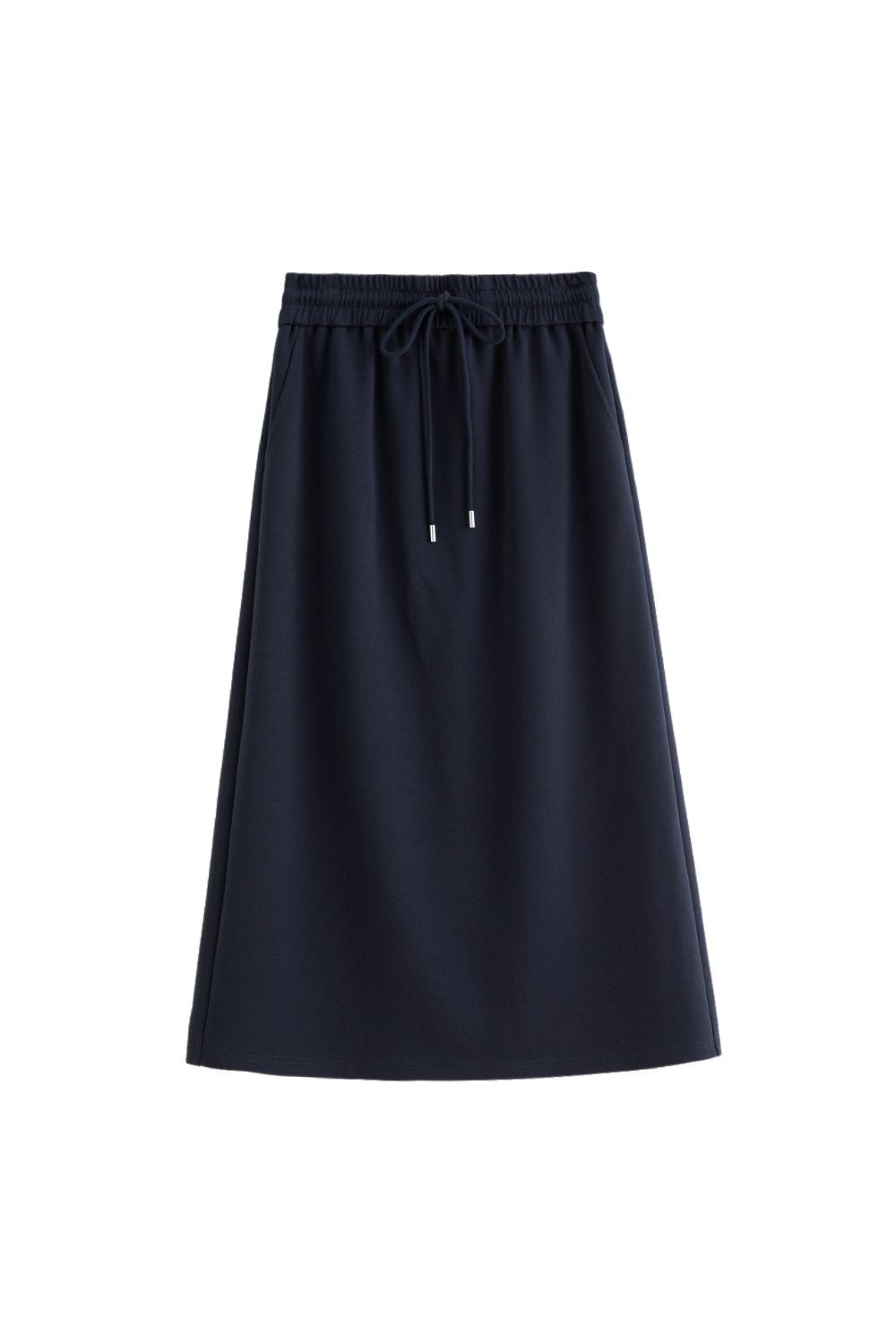 Flat lay of navy blue midi skirt with drawstring waist