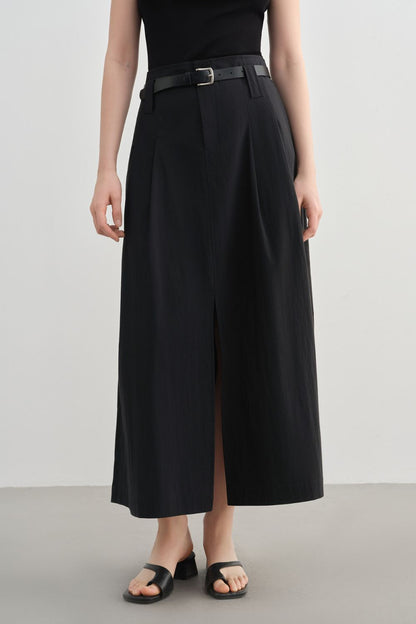 Angle view of black midi skirt