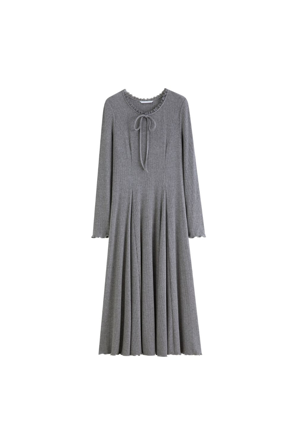 Flat lay of gray ribbed midi dress with pleated skirt