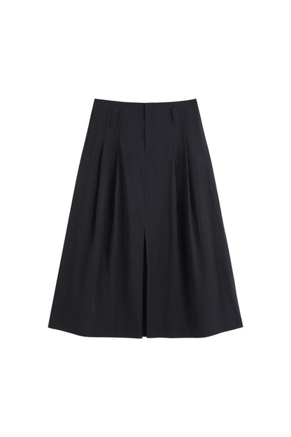 Flat lay of black A-line midi skirt