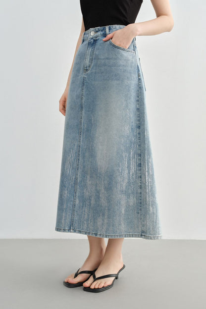 Side view of light blue A-line denim skirt with clean seam details