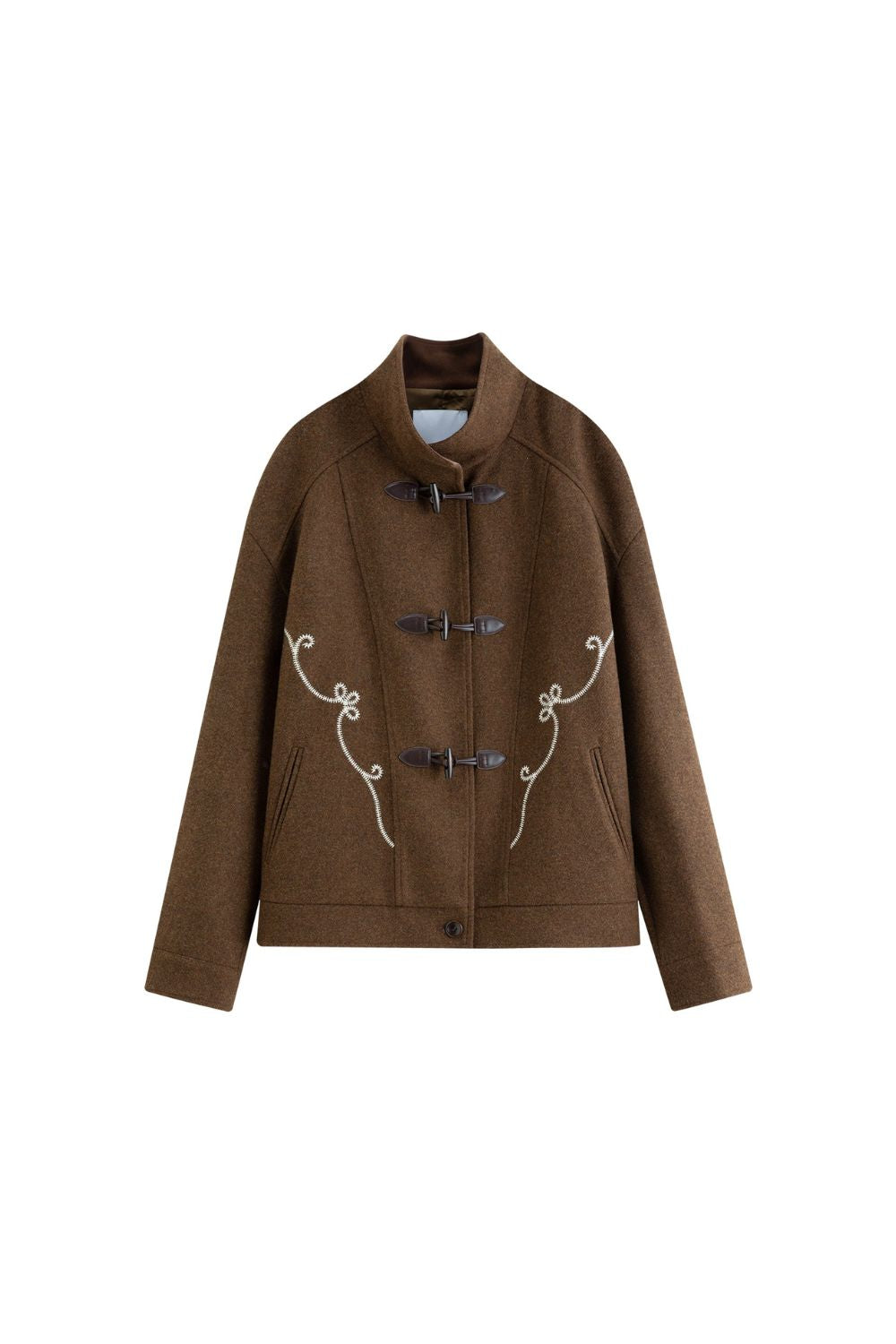 Flat lay of brown toggle jacket with toggle closures