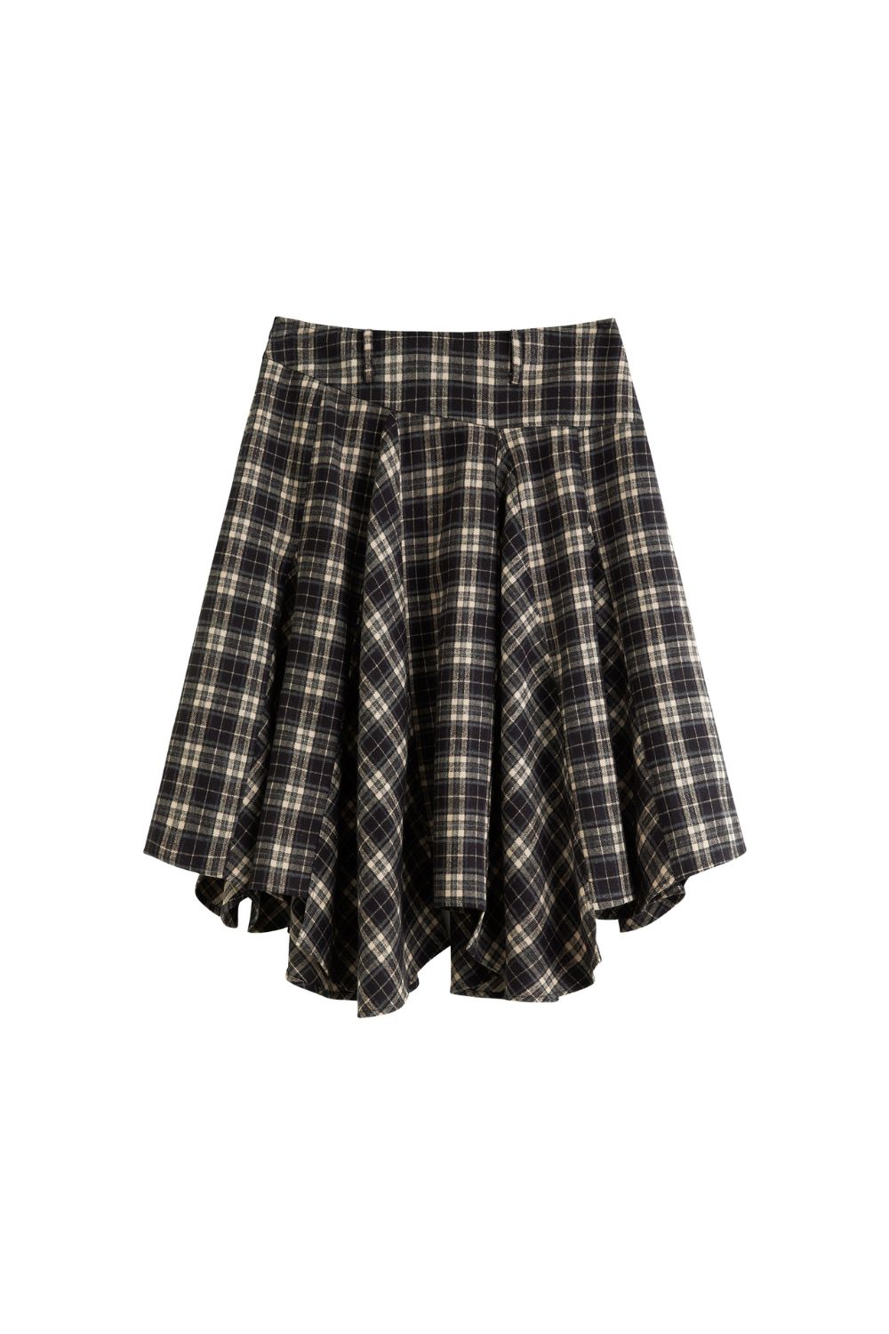 Flat lay of plaid A-line skirt with flared design