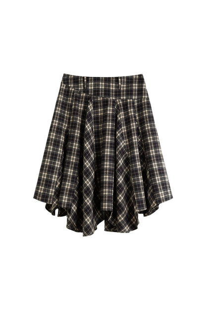 Flat lay of plaid A-line skirt with flared design