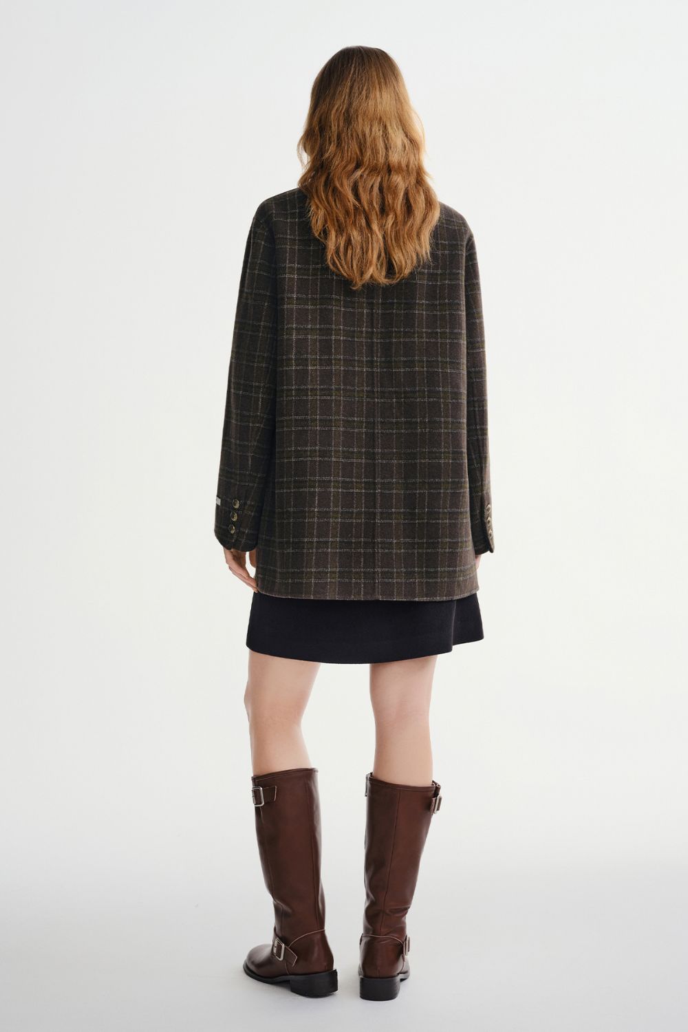 Back view of brown plaid double-breasted coat