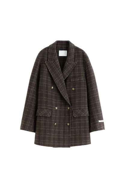Flat lay of brown plaid double-breasted coat with lapel collar