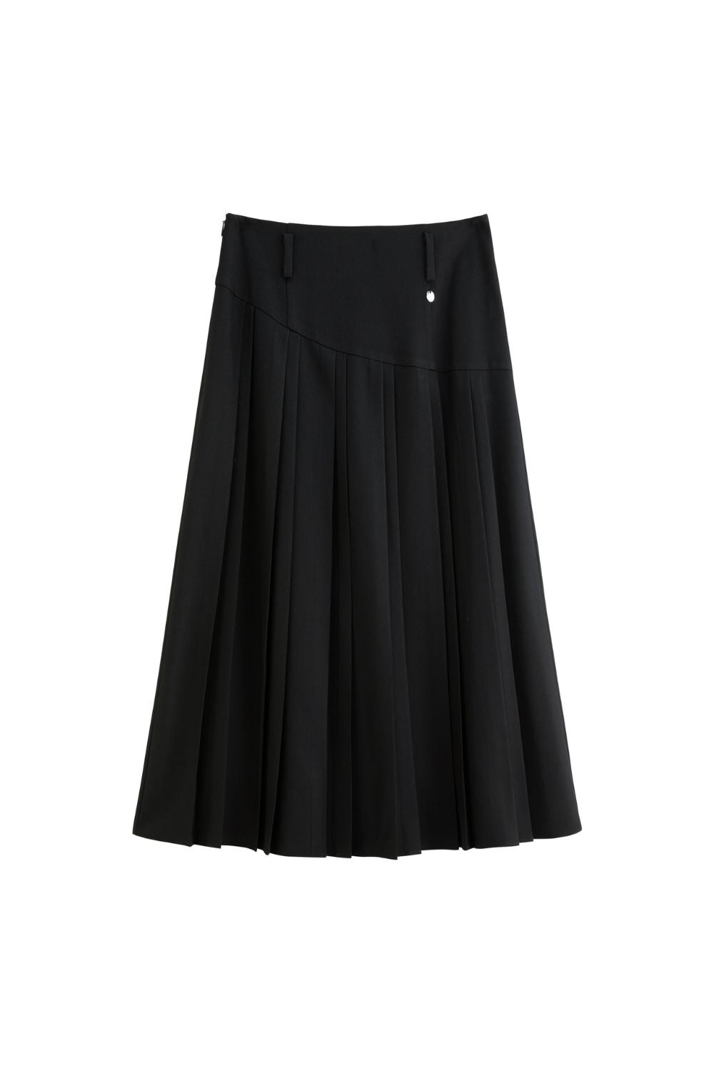 Flat lay of black pleated midi skirt