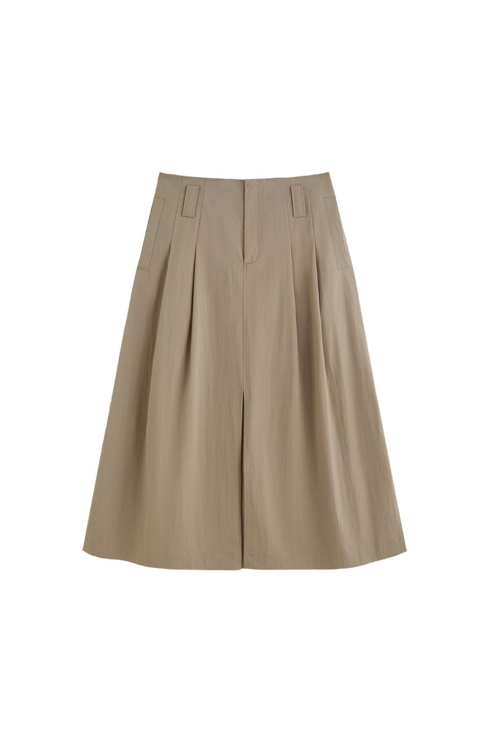 Flat lay of beige A-line midi skirt