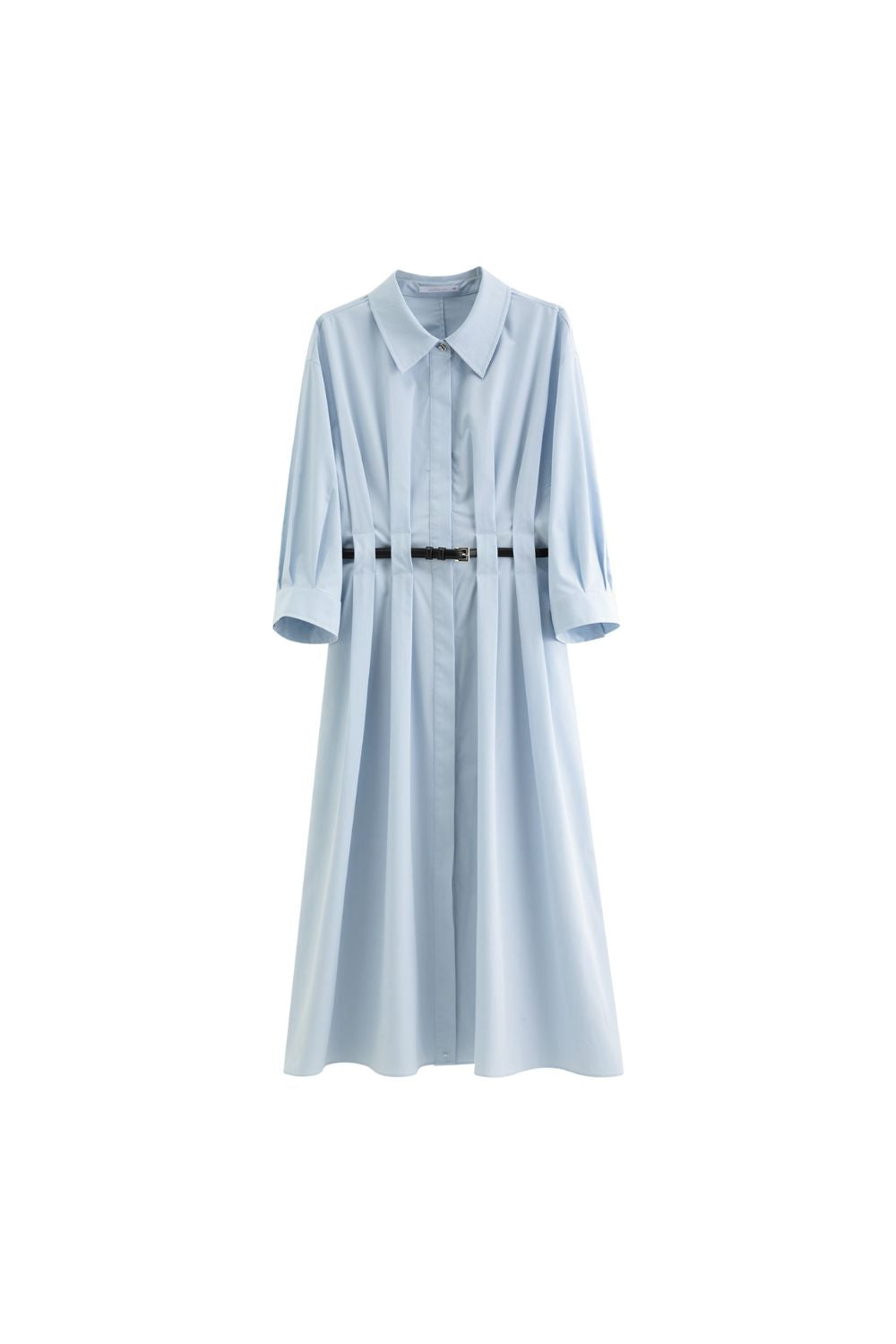 Flat lay of light blue belted midi dress with long sleeves