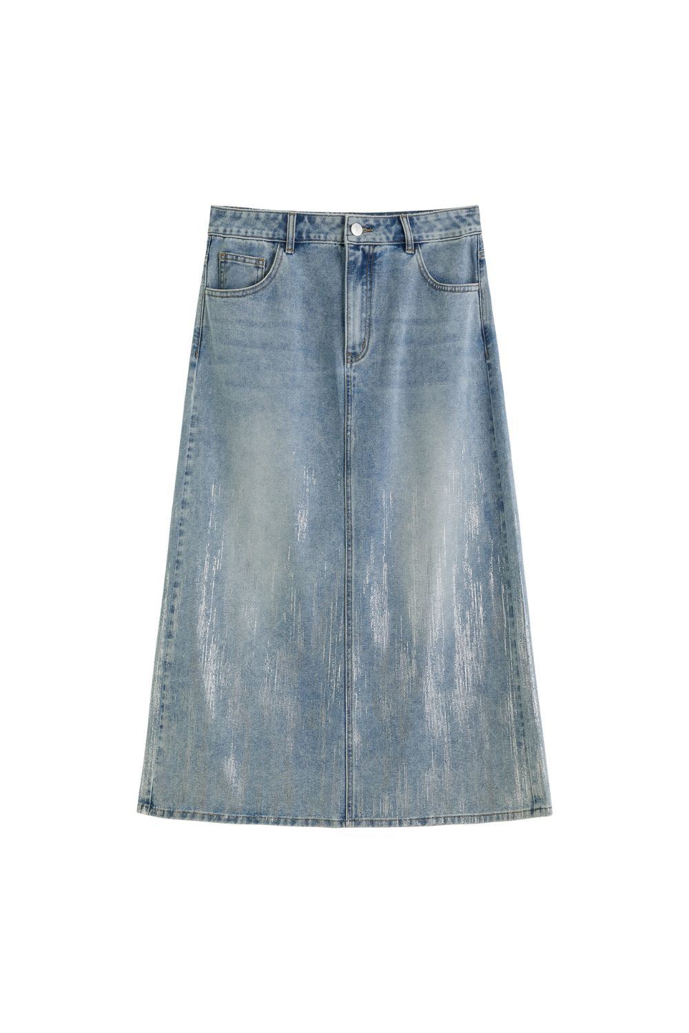Flat lay of light blue A-line denim skirt