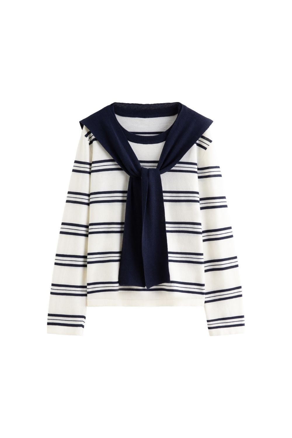 Flat lay of striped long-sleeve top with navy sailor collar