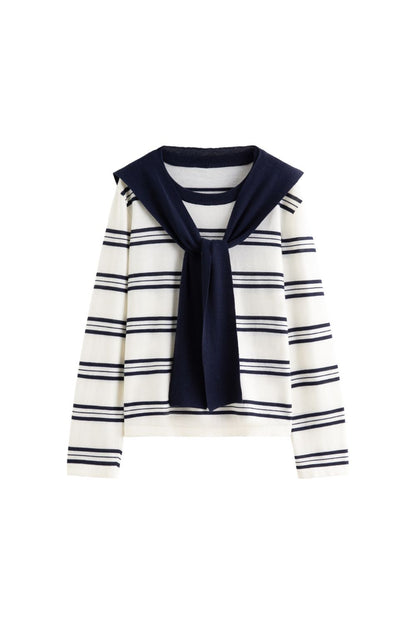 Flat lay of striped long-sleeve top with navy sailor collar