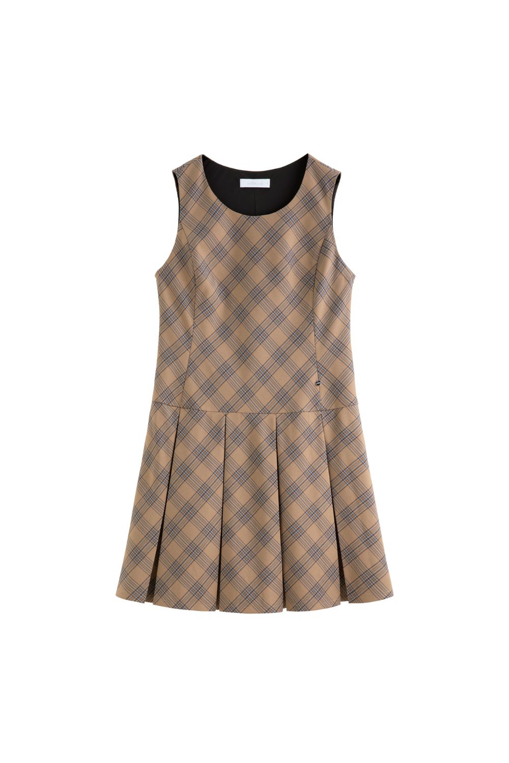 Flat lay of sleeveless brown plaid A-line dress