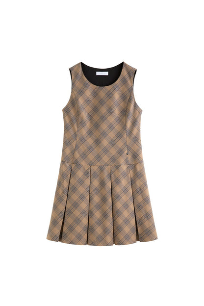 Flat lay of sleeveless brown plaid A-line dress