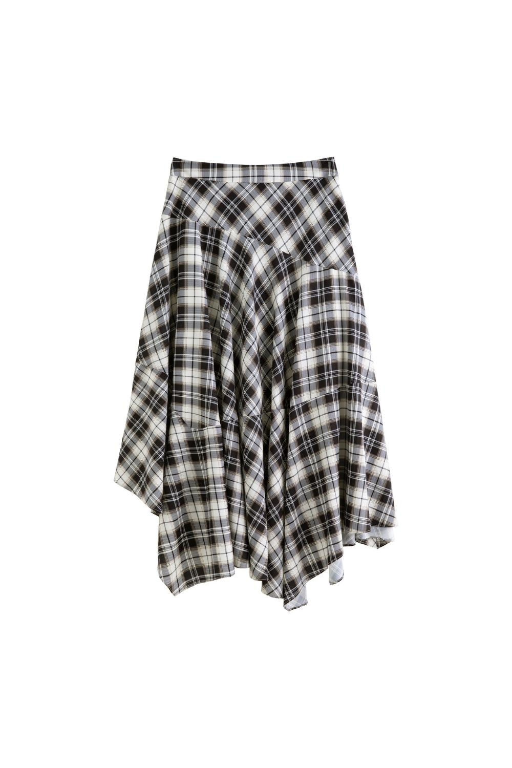 Flat lay of asymmetrical plaid skirt with flowy hemline