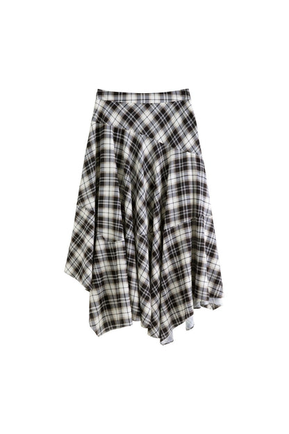 Flat lay of asymmetrical plaid skirt with flowy hemline