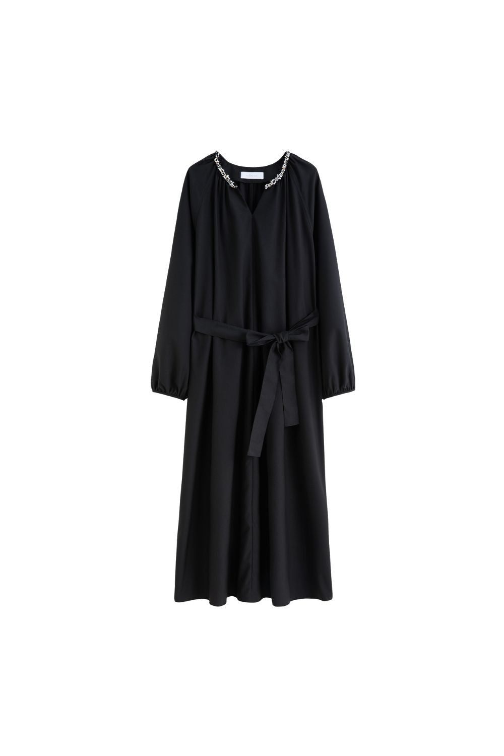 Flat lay of black embellished V-neck midi dress