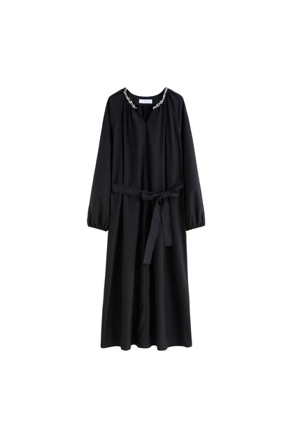 Flat lay of black embellished V-neck midi dress