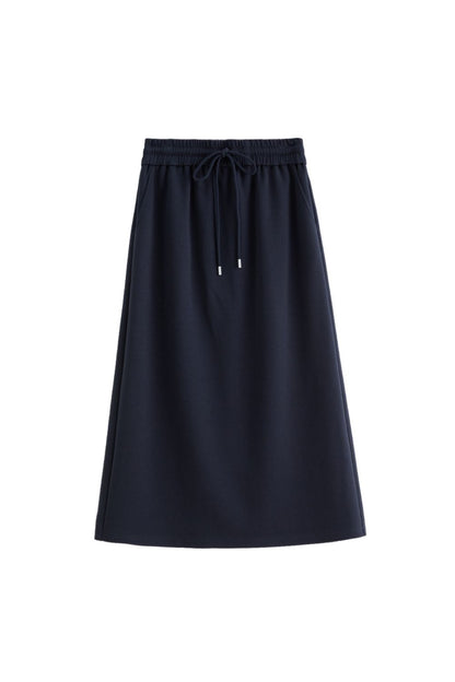 Flat lay of navy blue midi skirt with drawstring waist